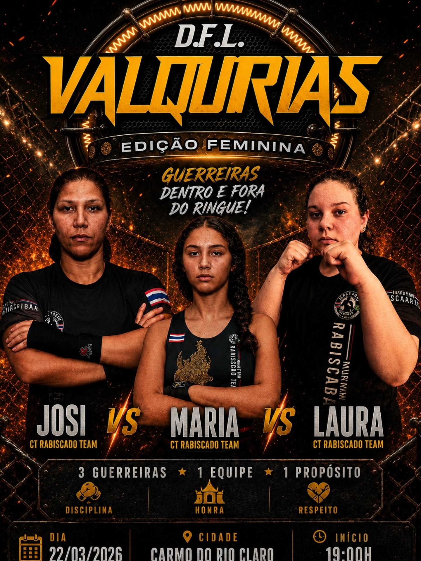 Arte DFL Valquírias com as atletas Josi, Maria e Laura do CT Rabiscado Team